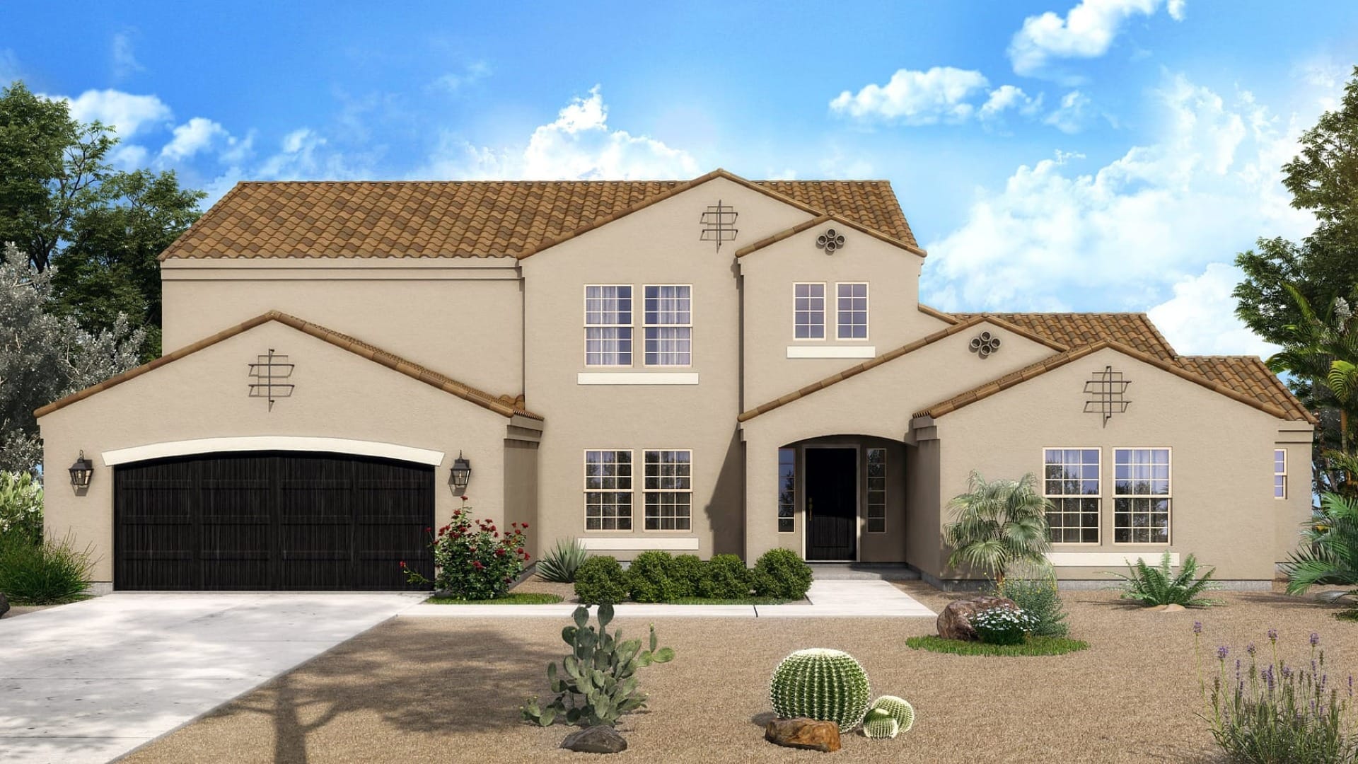A stucco house in the desert with cactuses