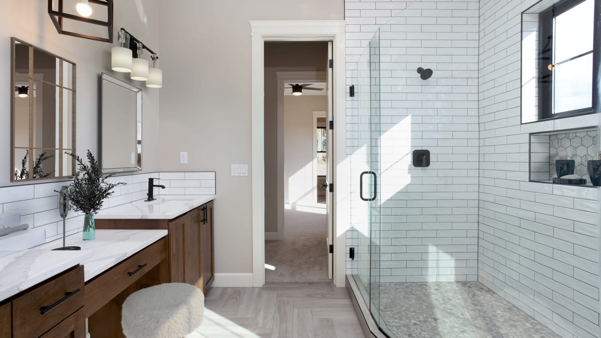A master bathroom with a big shower