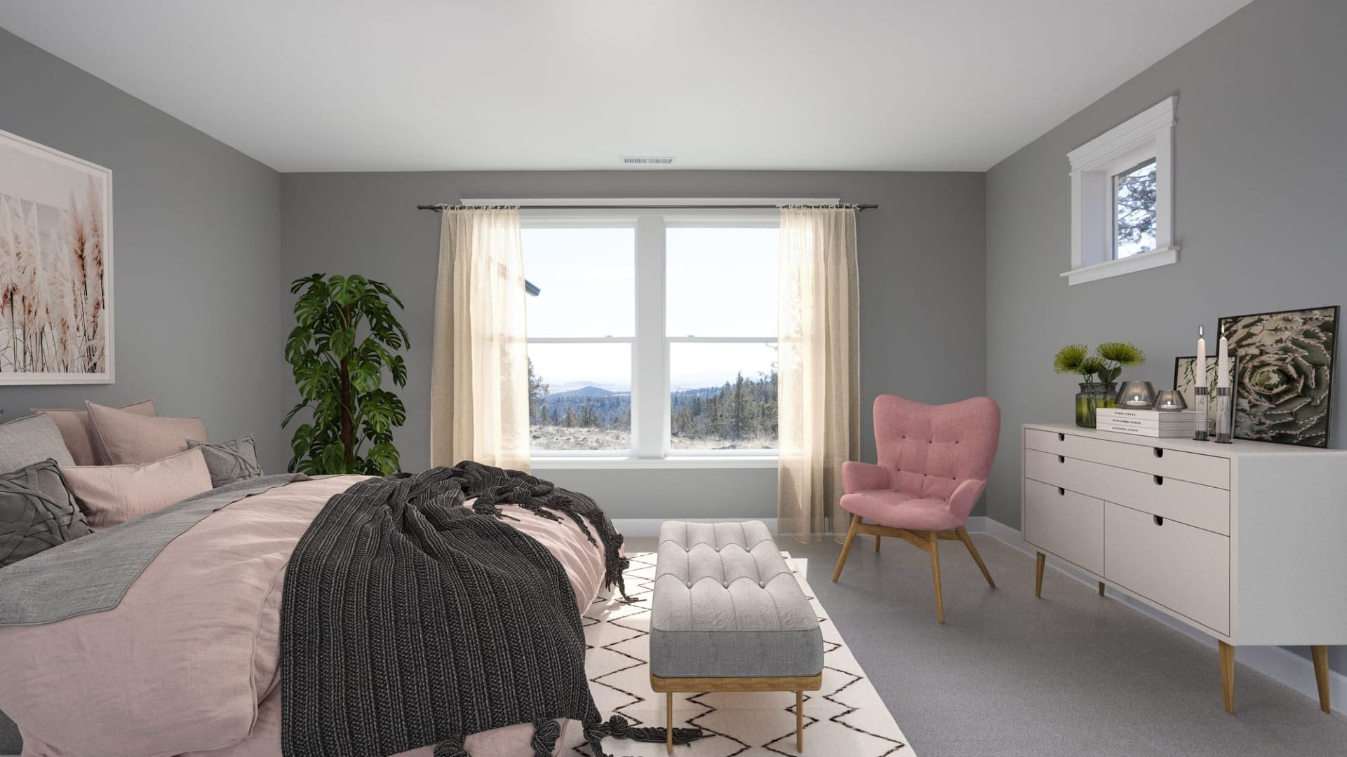 A bedroom with a chairin the corner of the room