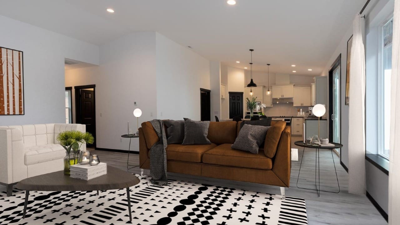 A living room with a rug