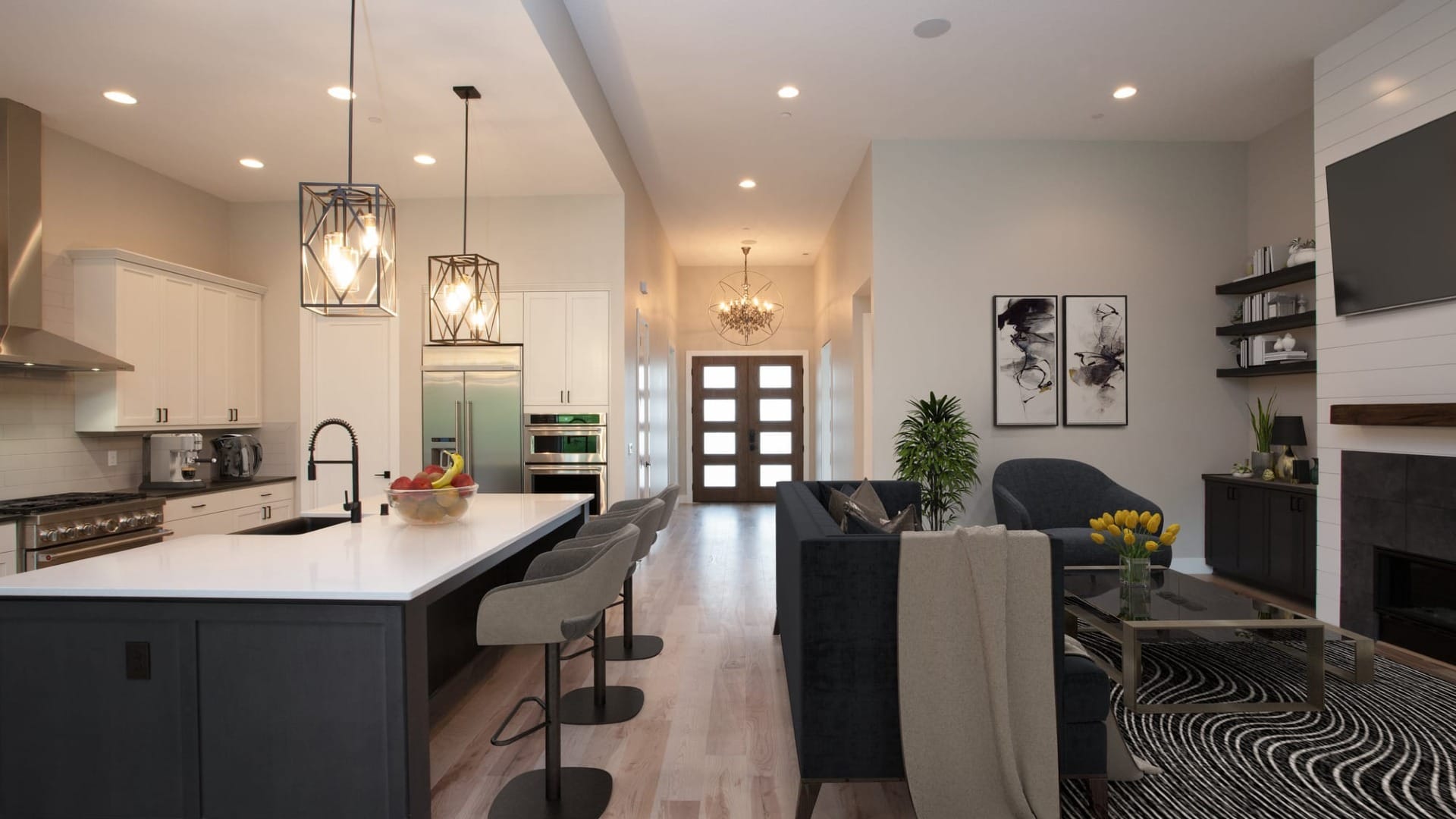 Modern style kitchen and living room open concept with white and grey neutral colors