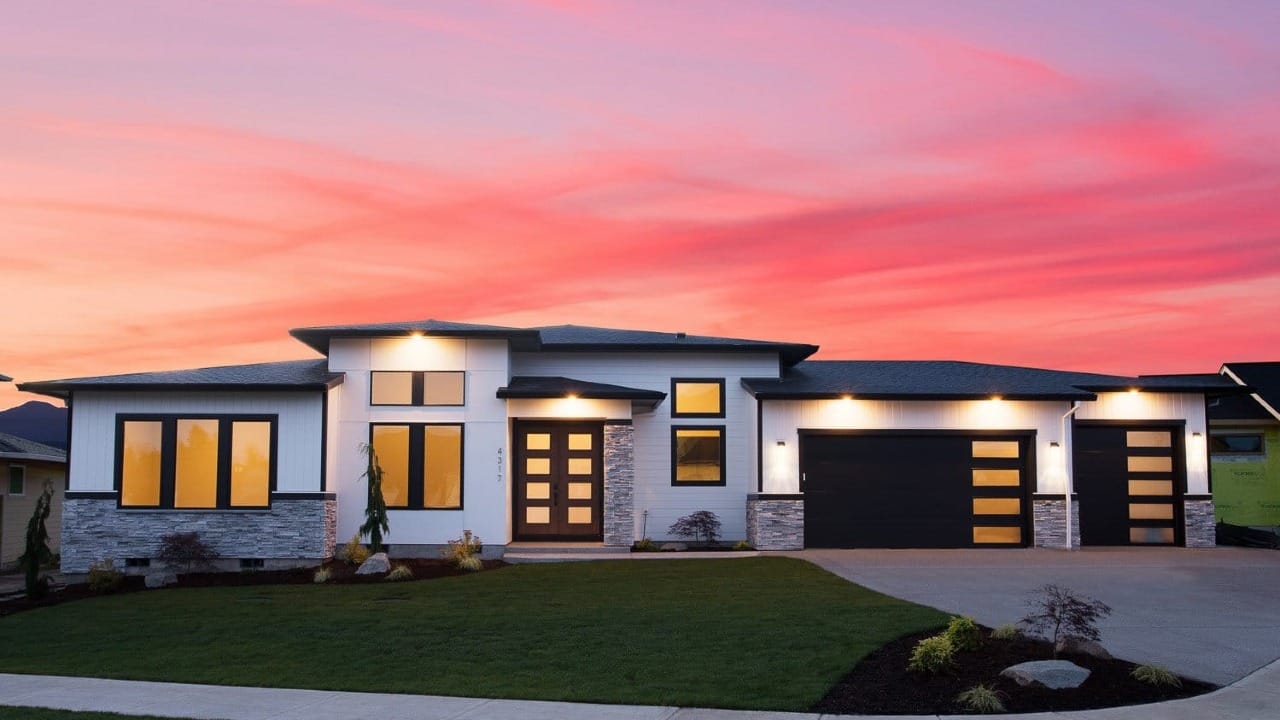 A house underneath a sunset sky