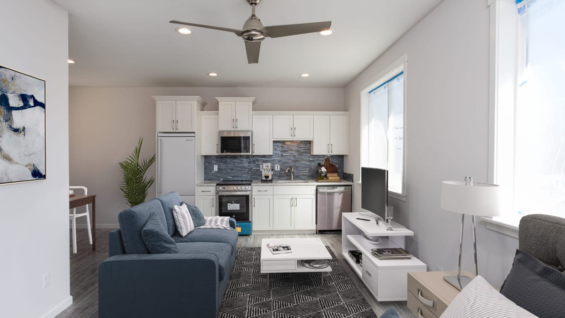 inside view of kitchen and living room of 512 suite