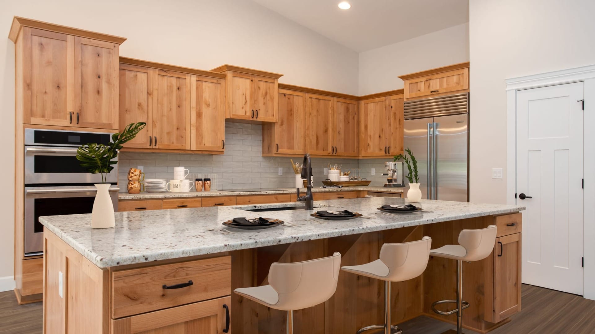 A rustic kitchen with wood cupboards