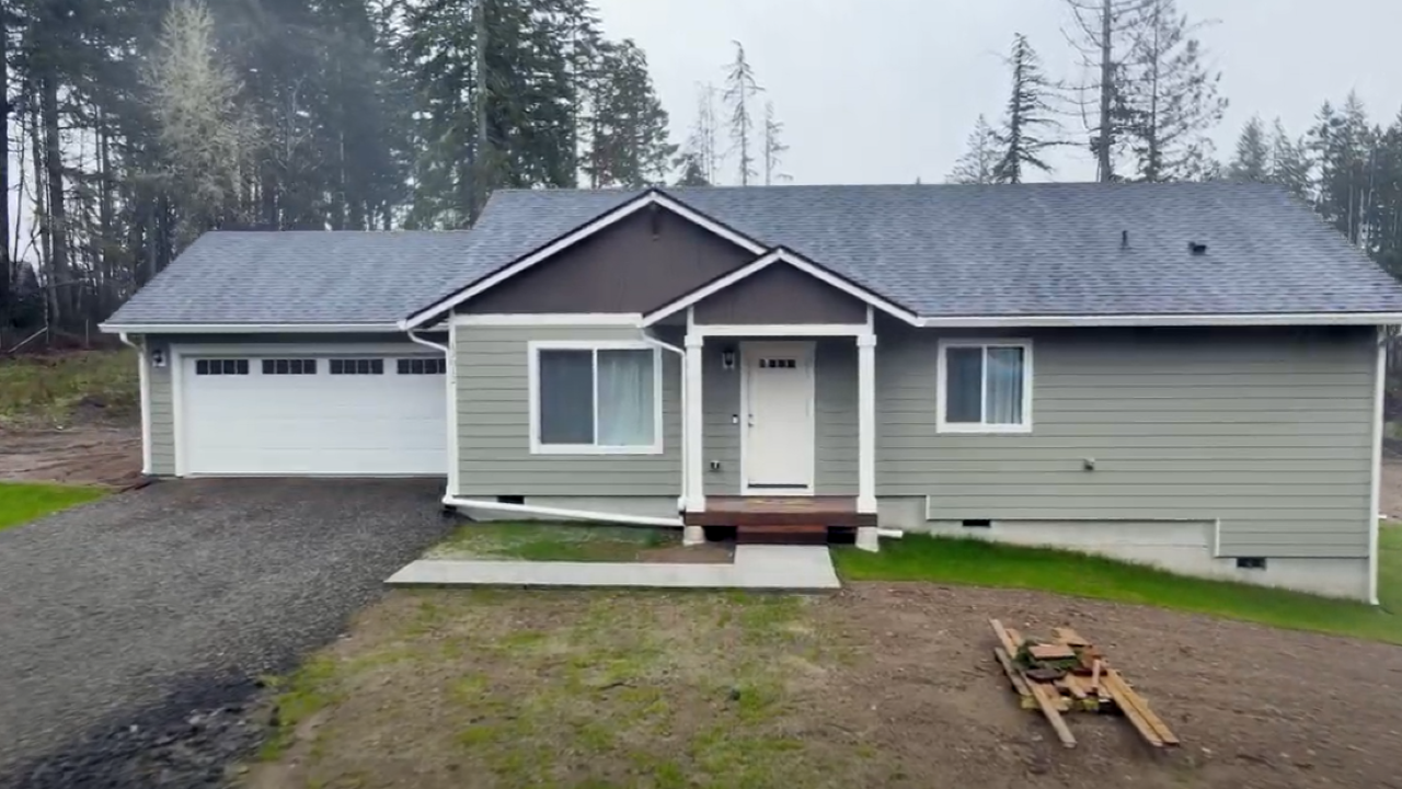 Small green house that is in front of a bunch of trees