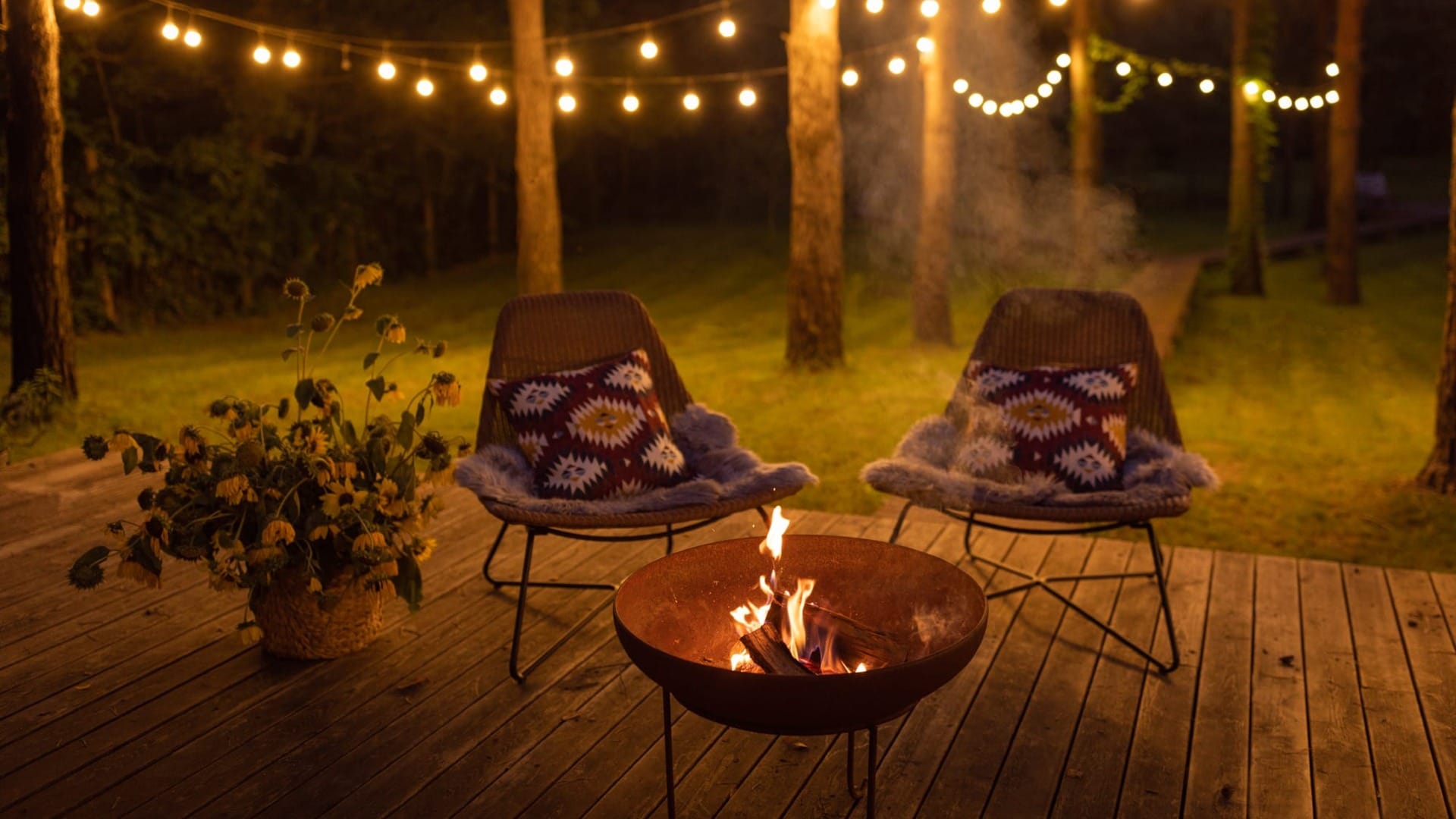 Outside seating with a firepit on a porch