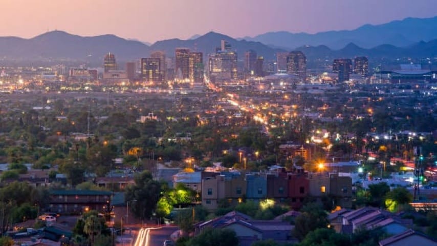 A city view of a city in Arizona with skyscrapers in the backround