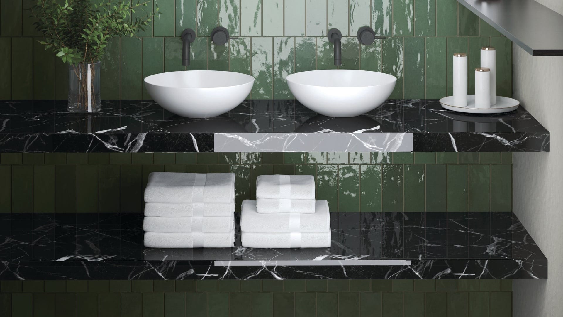 A green wall with sinks and a mirror