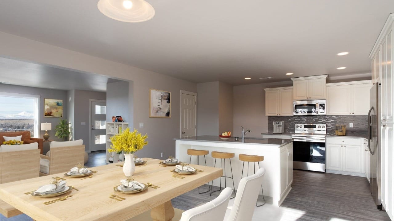 A dining room all set up for a meal