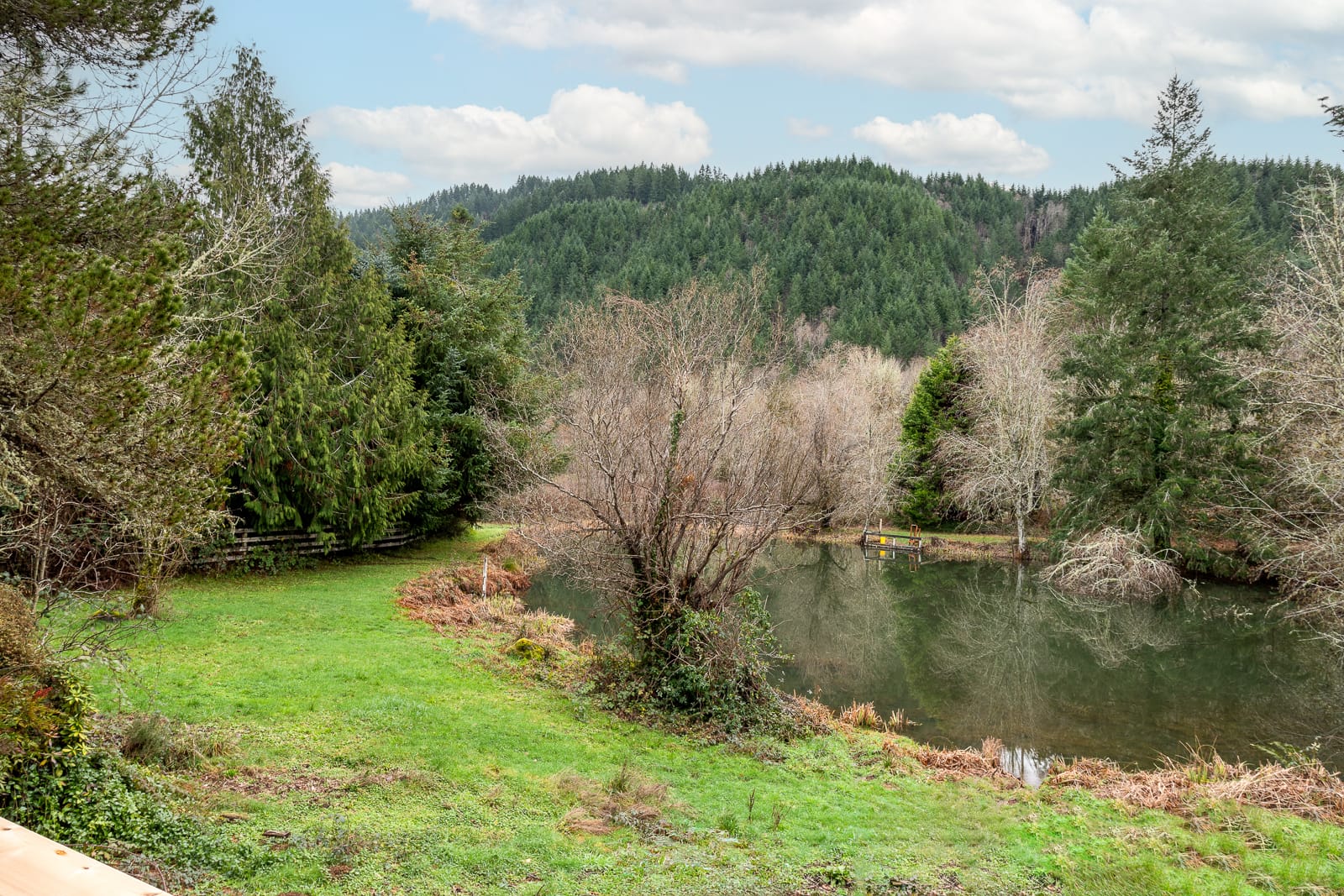Scenic view of a small pond surrounded by grass, leafless trees, and forested hills in the background.
