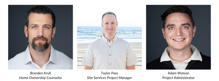 Three professional headshots of Adair Homes team members: Branden Krull (Home Ownership Counselor), Taylor Pass (Site Services Project Manager), and Adam Watson (Project Administrator).