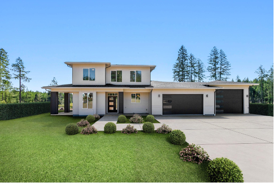 Modern two-story custom home with large front porch, three-car garage, and manicured landscaping—set against a backdrop of tall evergreen trees.