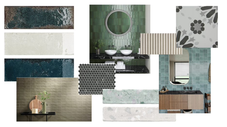 A home design inspiration board featuring modern tile samples, color swatches, and textures for Adair Homes' custom bathroom and kitchen interiors.