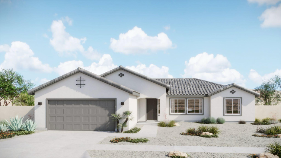 Modern single-story stucco home with gray roof tiles, desert landscaping, and a two-car garage under a bright blue sky.