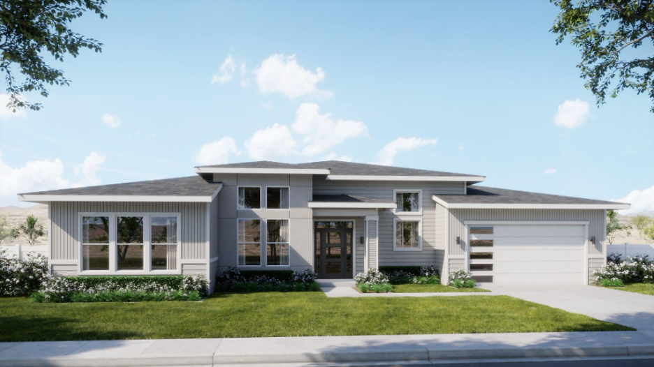 Front elevation of a modern custom home design by Adair Homes, with clean lines, large windows, and a side-entry garage.