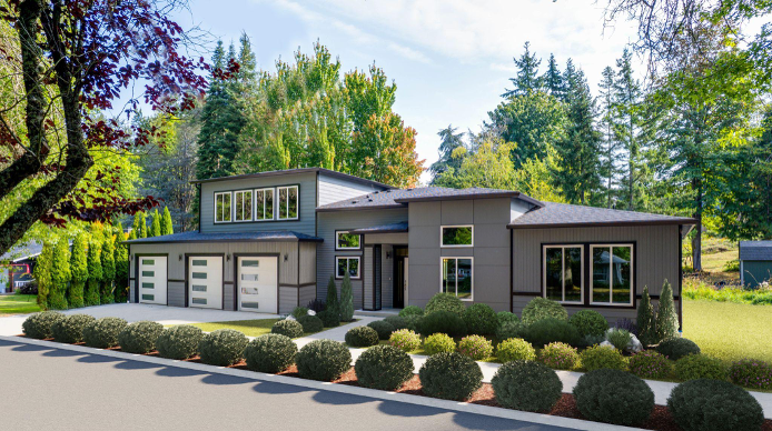 Modern custom home with clean lines, three-car garage, landscaped yard, and wooded Northwest setting.