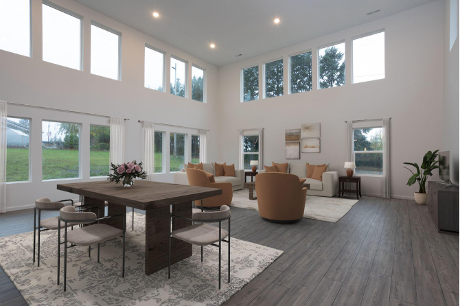 Open-concept living and dining room with tall windows, vaulted ceilings, and modern furnishings.