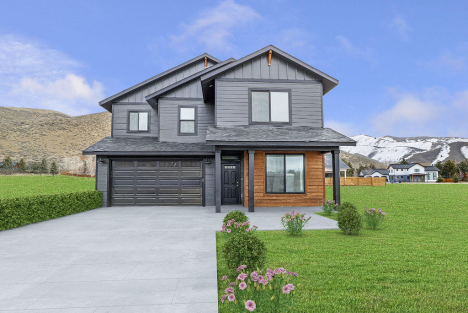 Two-story custom home with modern siding, attached garage, landscaped yard, and mountain views.