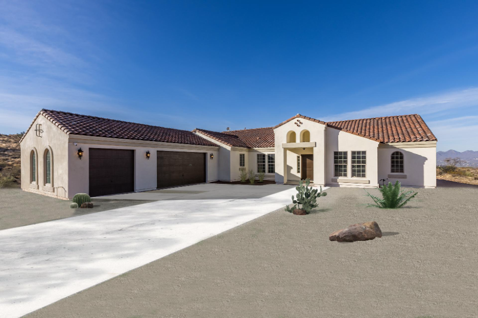 A Spanish-style home with a tile roof, arched windows, and a wide driveway set in a desert landscape.