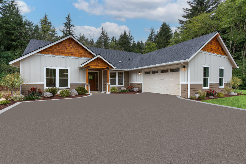 Completed custom single-level home with craftsman exterior design built on the homeowner’s land