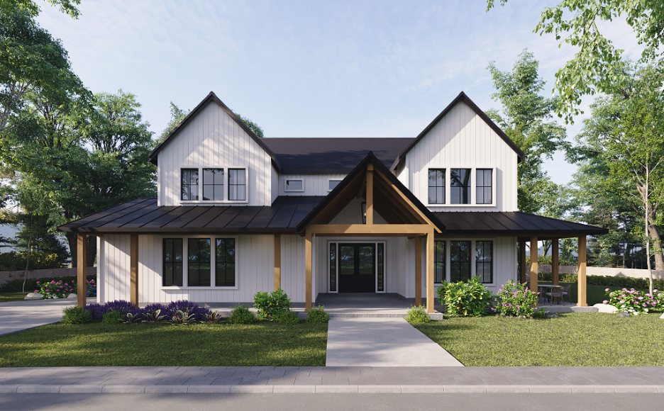 Modern white farmhouse style home with black metal roof, symmetrical windows, covered front porch, and landscaped front yard.
