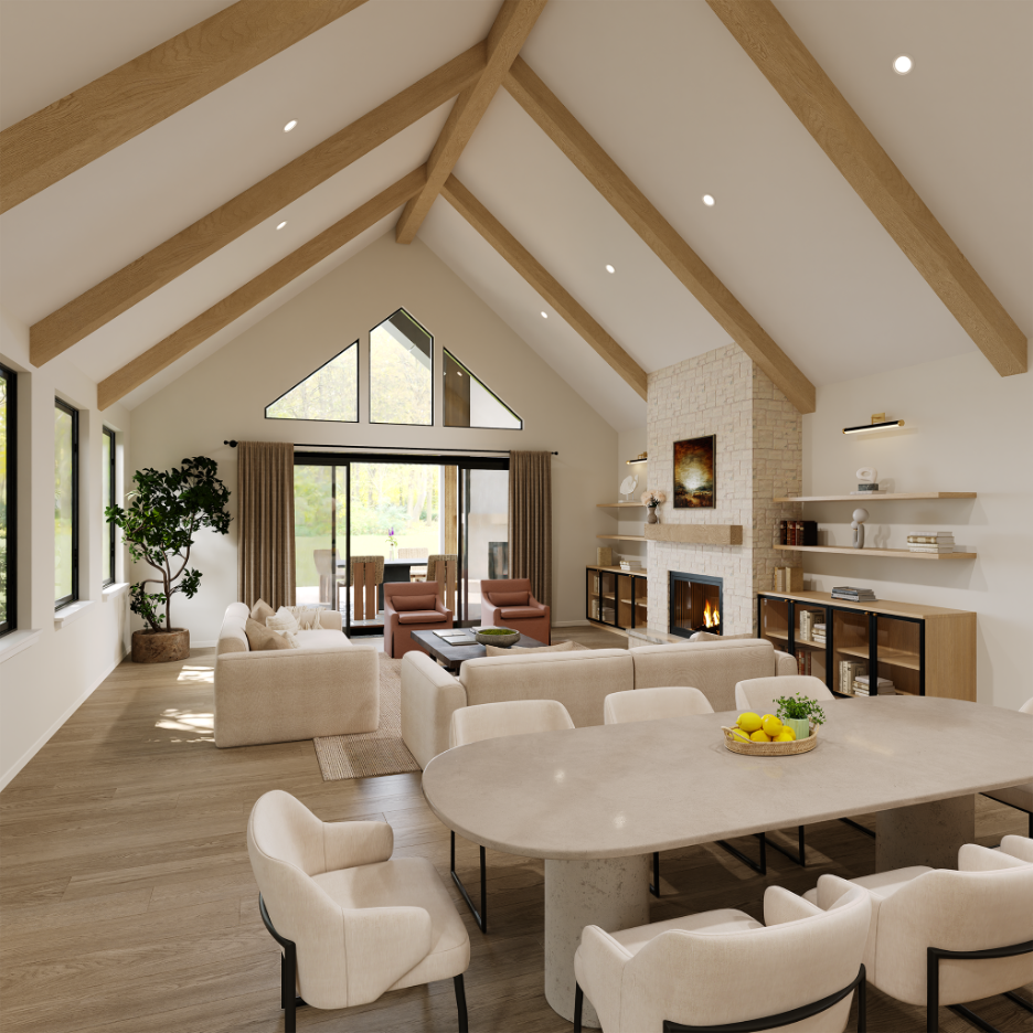 Bright open concept living room with vaulted ceilings, exposed wood beams, stone fireplace, large windows, and modern neutral furnishings.