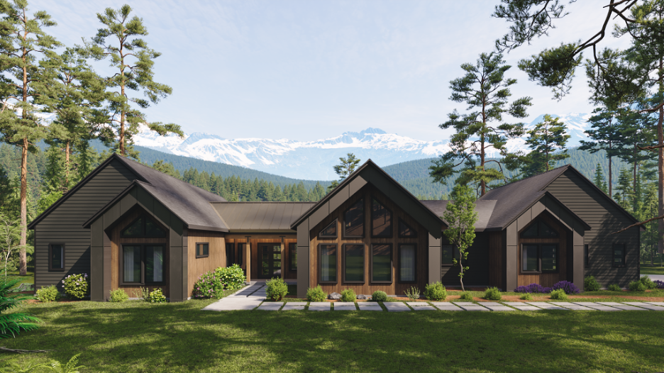 Contemporary mountain home with dark exterior siding, large windows, landscaped yard, and snow capped mountains in the background.
