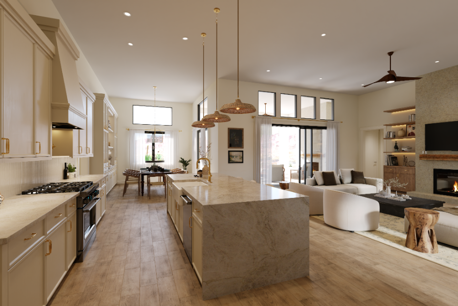 Bright open concept kitchen and living room with large island, pendant lighting, fireplace, and modern finishes.
