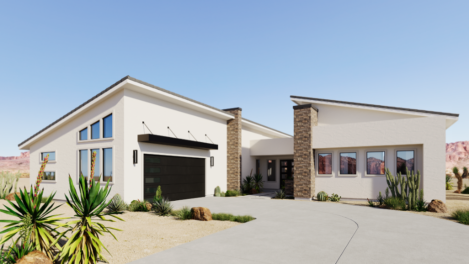 Modern single story desert home with clean lines, stone accents, large windows, and desert landscaping.