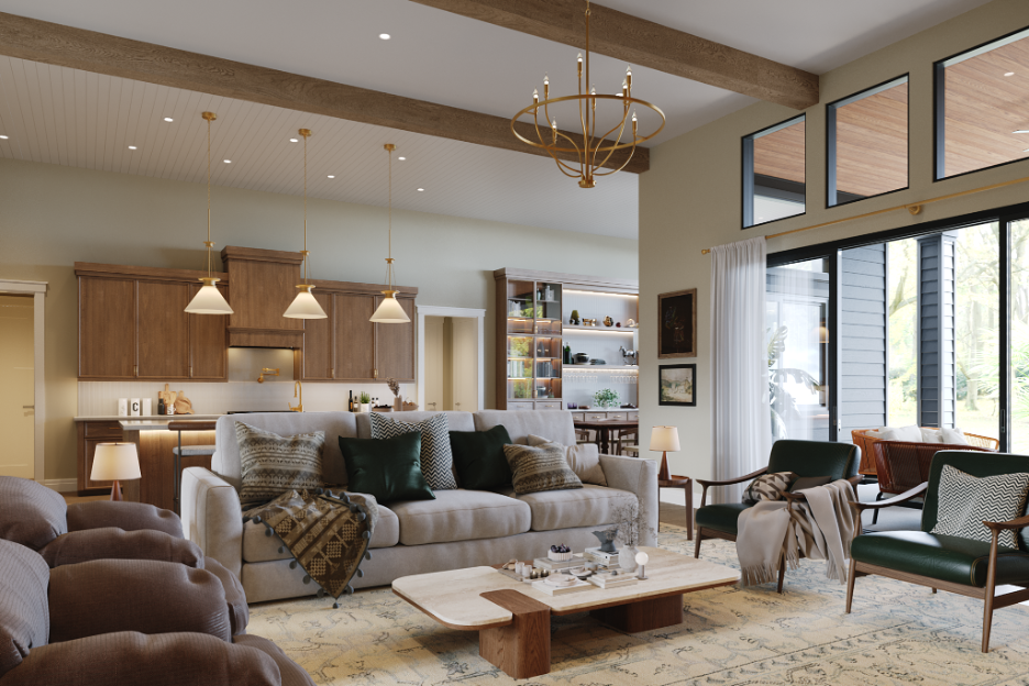 Stylish open concept living room with wood beams, modern lighting, large windows, and connected kitchen.