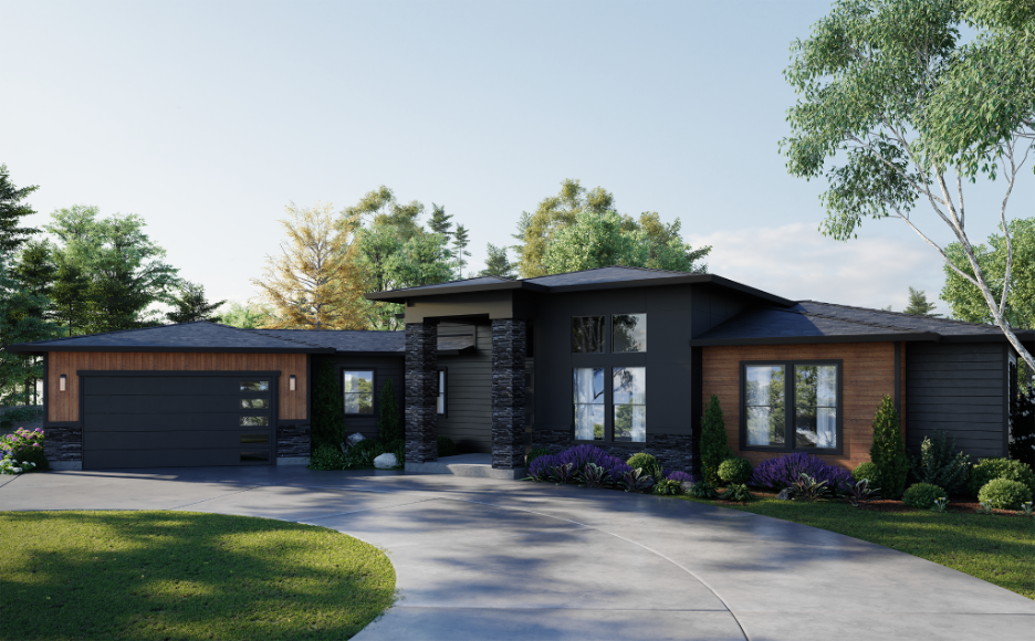 Modern single story home with dark exterior, stone accents, landscaped yard, and curved driveway.