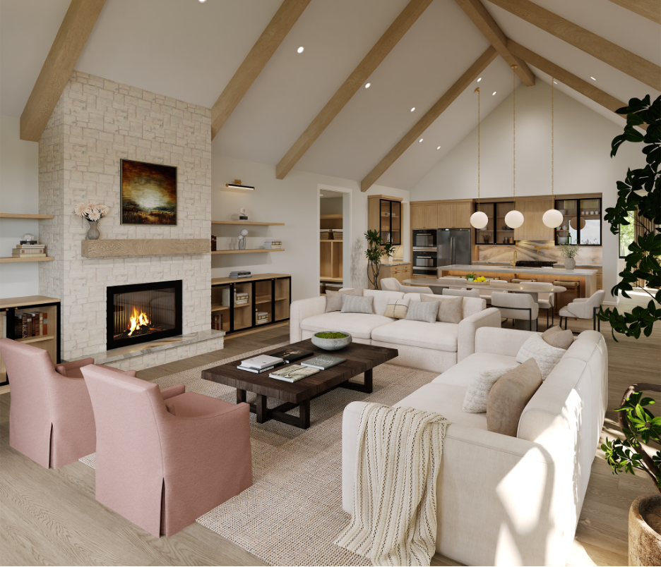 Bright open concept living room with vaulted ceilings, exposed wood beams, fireplace, and modern kitchen.