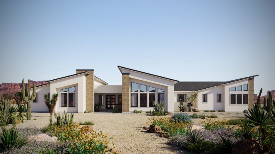 Modern Southwestern style home with desert landscaping, cacti, and clean architectural lines.