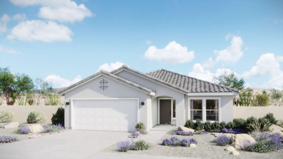 Single story stucco home with tile roof, attached garage, and desert inspired front yard.