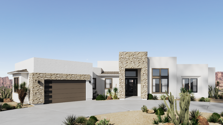 Contemporary desert home with stone accents, flat rooflines, and drought tolerant landscaping.