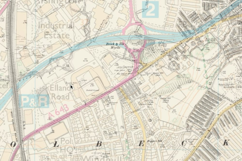 A map of the area around Elland Road circa 1905, overlaid on a modern map