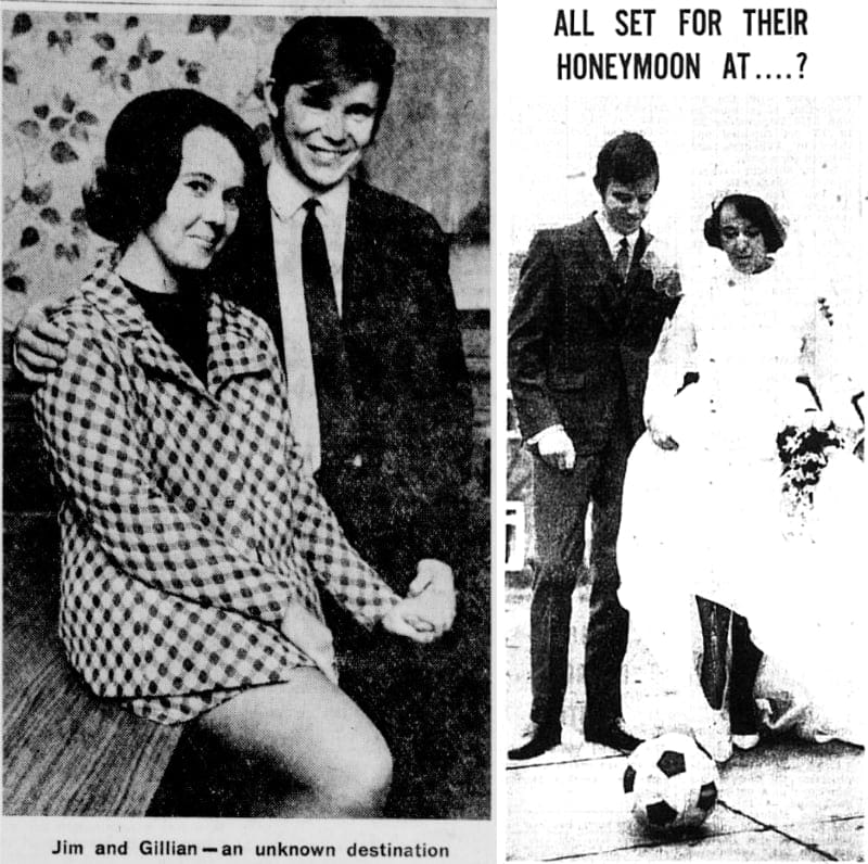 Two images side by side of Jim and Gillian — one posing for the Daily Express, another from their wedding, with Gillian in her bridal gown aiming a kick at a football