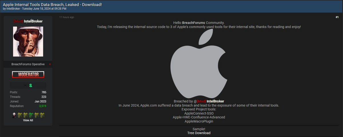IntelBroker Claims Breach of Apple, Leaks Purported Source Code for Several Internal Tools