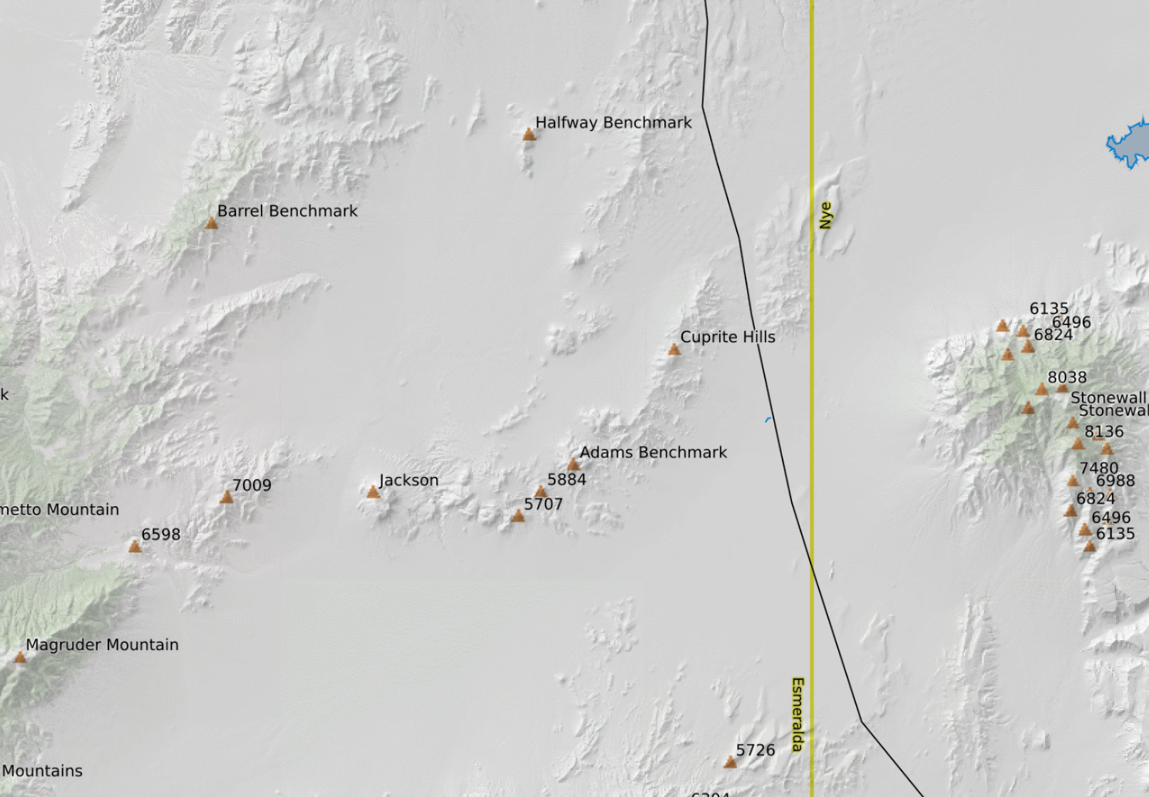 Location of the Cuprite Hills. The Cuprite townsite was east of Highway 95 which bisects the easternmost part of the range.