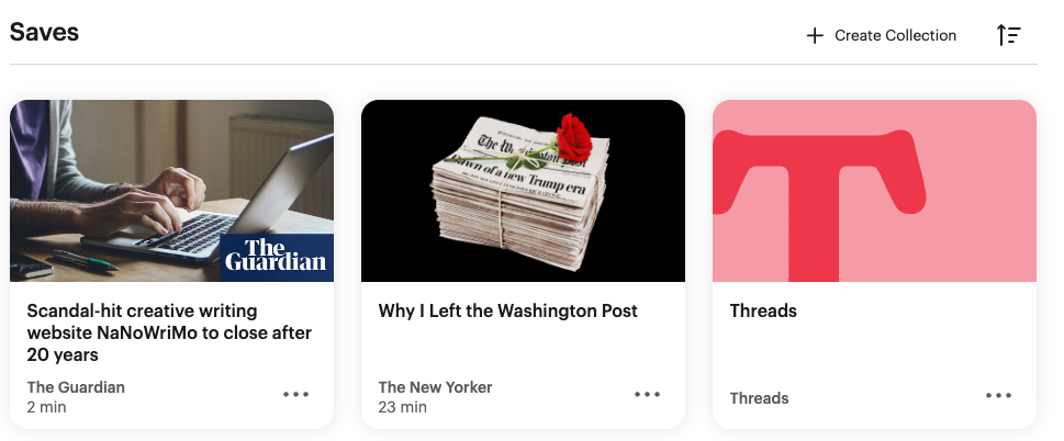 Screenshot of saved articles in Pocket