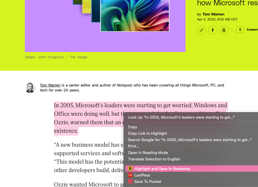 Screenshot of highlight and save to Readwise on a webpage