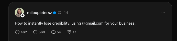 Text: How to instantly lose credibiltiy: using @gmail.com for your business