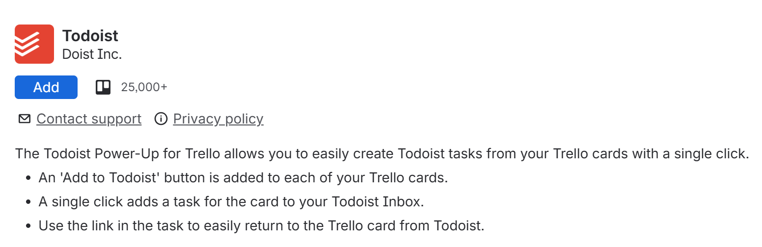 Screenshot of the Todoist Power Up in Trello