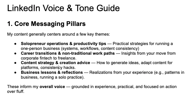 Screenshot of my LinkedIn voice and tone guide