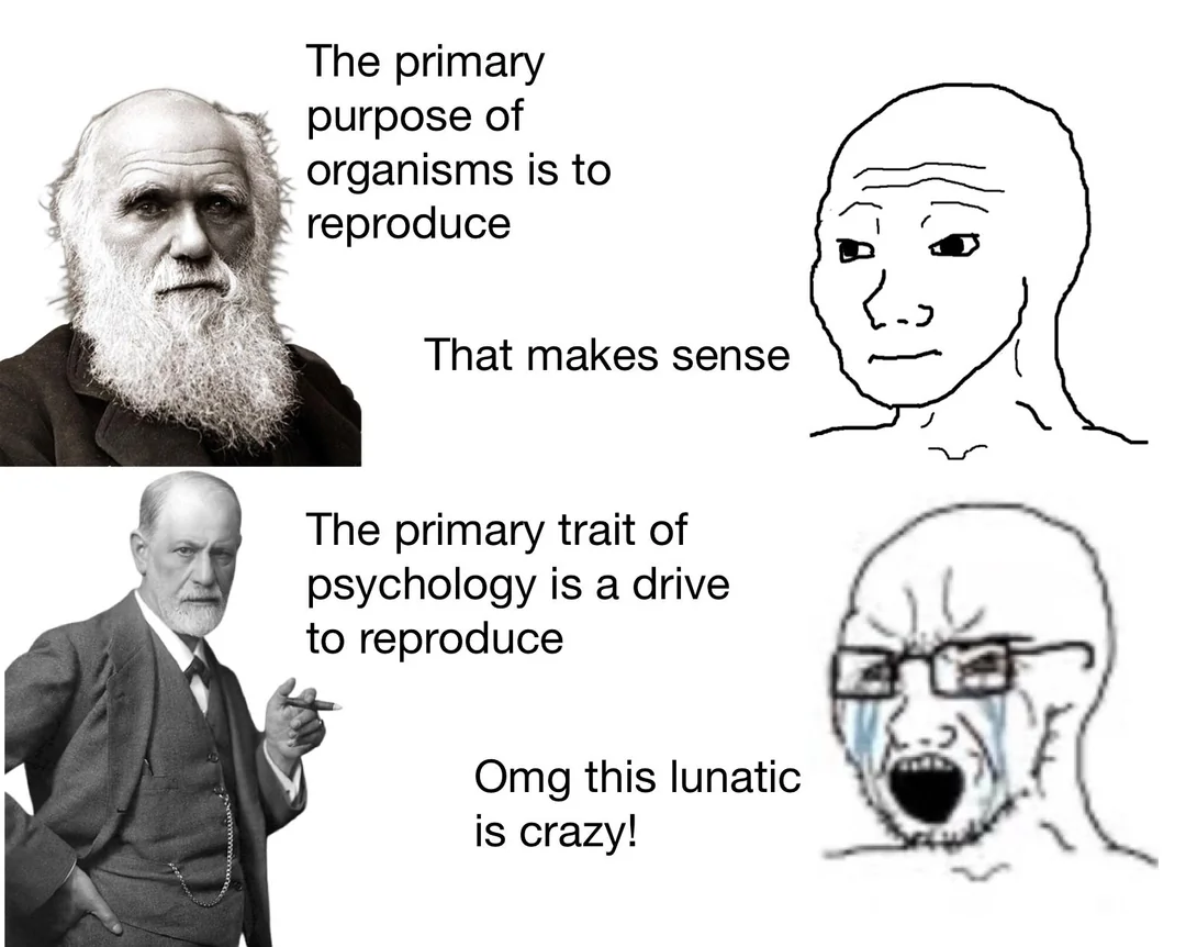 A comic showing Charles Darwin describing the primary drive of organisms as reproduction, which the listener accepts. When Freud proposes the same thing as basic factor of psychology, rather than biology, the listener rejects the thesis.