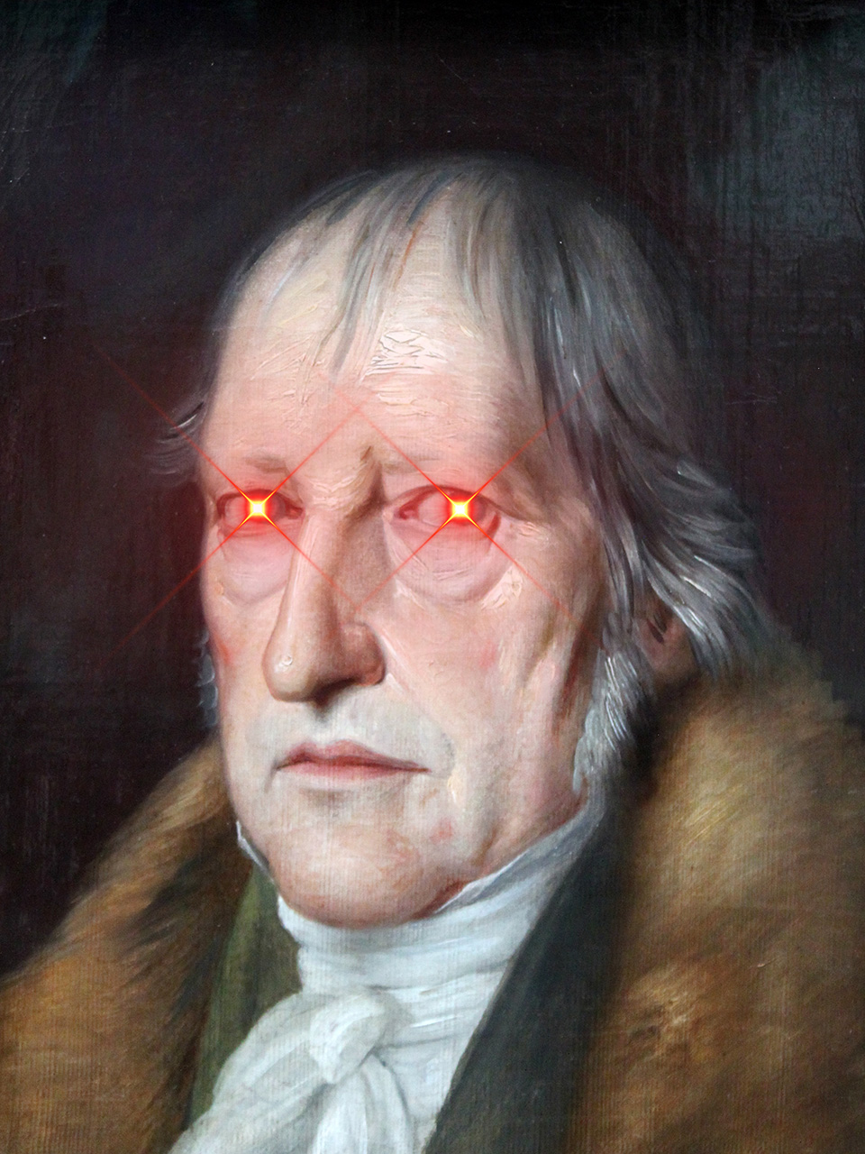 A meme of Hegel with glowing red eyes, suggesting malicious power.