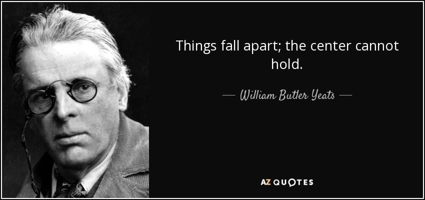 A photo of WB Yeats next to a famous quote from his poem "The Second Coming"