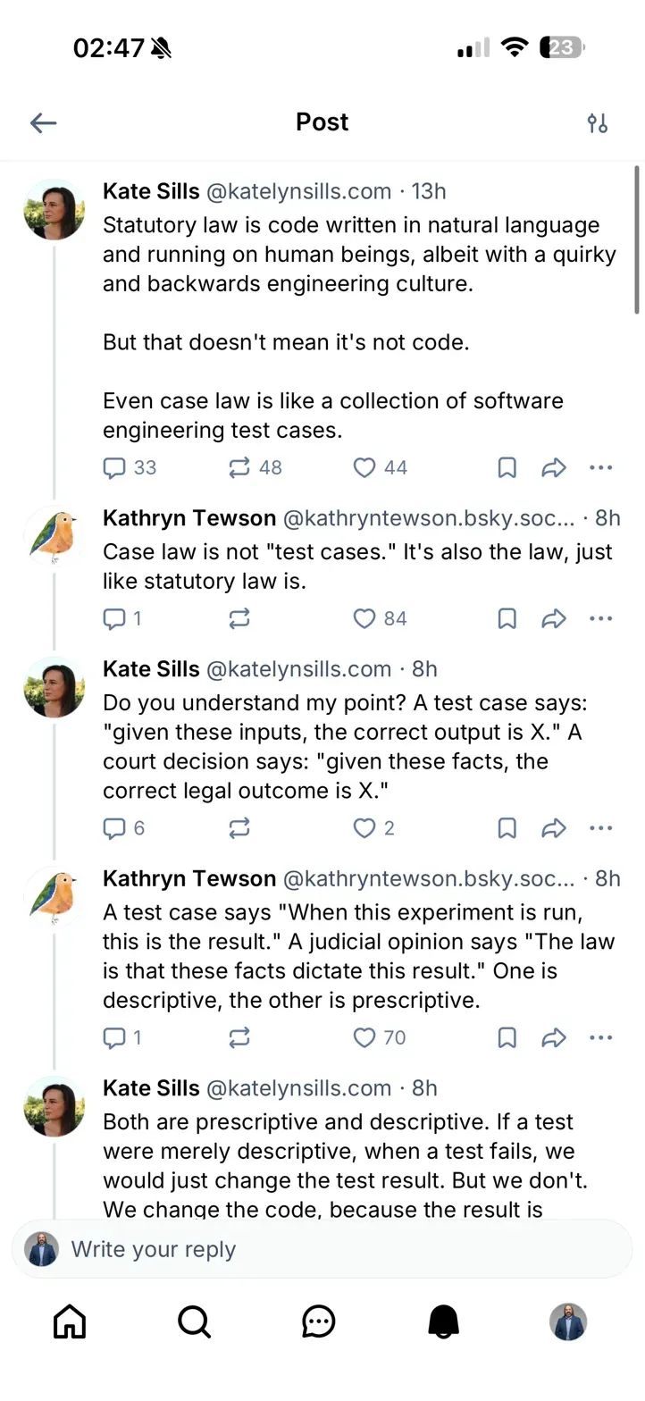 Kate Sills and Kathryn Tewson engage in a discussion of law-as-code.