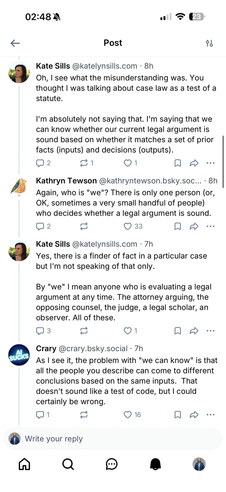 A screenshot of a Bsky thread. User Crary chimes in with the epistemic hook.