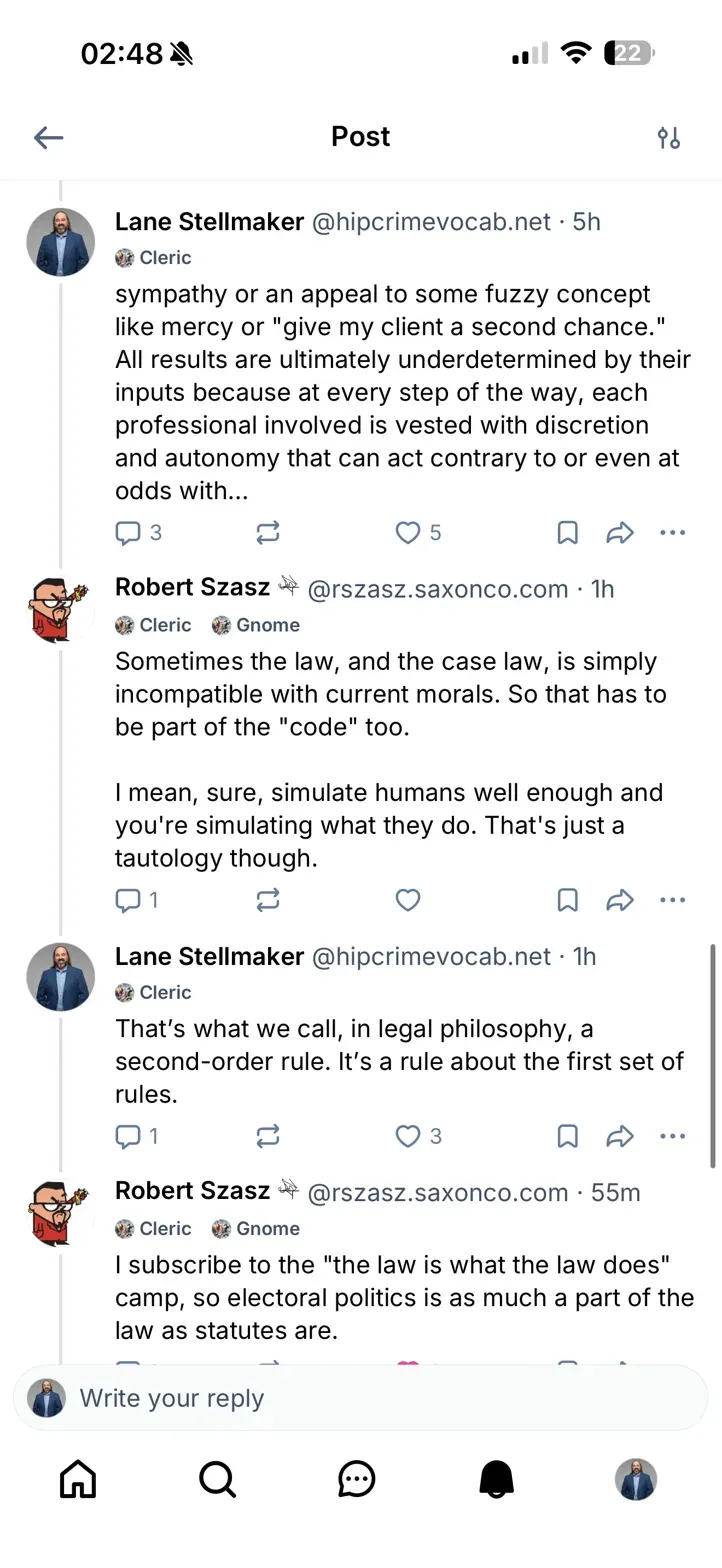 A screenshot of a Bsky thread. Robert Szasz asks me about second-order rules which govern the formation and change of first-order rules.